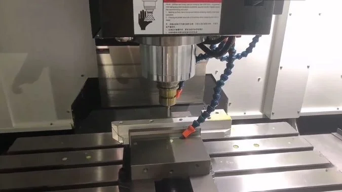 A close-up shot of a vertical machining center working