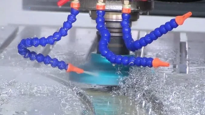 Closeup of aluminum profile machining center working