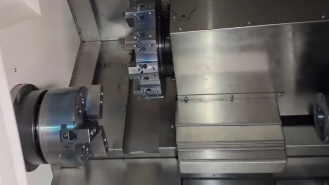 Closeup of CNC slant bed inside