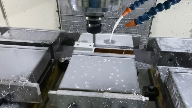 Closeup inside CNC milling machine