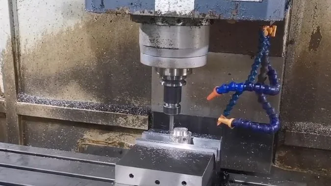 Close-up of CNC spindle machining a workpiece