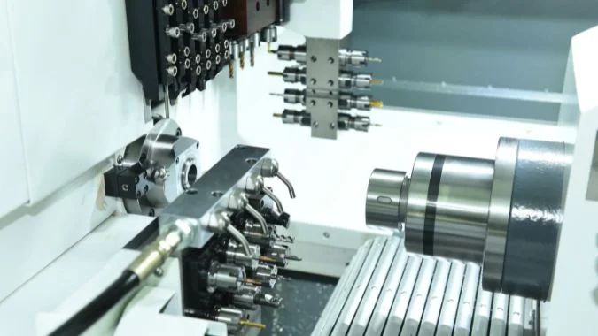 Closeup of Dual-spindle Swiss-type lathe inside