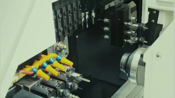 Closeup of Dual-spindle Swiss-type lathe