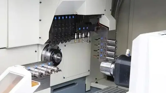 Dual-spindle Swiss-type lathe inside