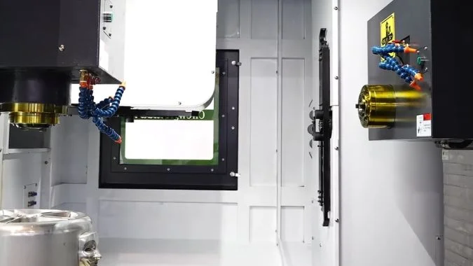 Closeup of vertical-horizontal machining center