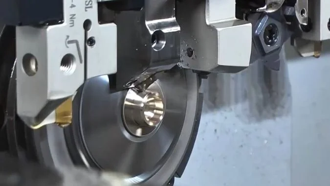 Closeup of CNC Swiss-type lathe machining